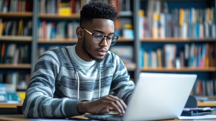 A young African American teacher working on a laptop in a modern classroom, surrounded by educational materials and digital tools, demonstrating the integration of technology in teaching and the