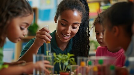 A young teacher leading a small group of elementary students in a hands-on science experiment, with interactive materials and curious expressions, showcasing the engaging nature of early education