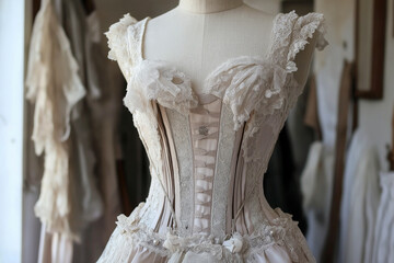 Corset with delicate lace and ribbon accents displayed on a dress form, highlighting the craftsmanship and design.