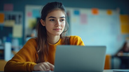 A young teacher sitting in a modern classroom, working on a laptop, with a whiteboard and educational posters in the background, highlighting the blend of traditional and digital teaching methods