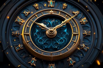 A close-up of a vintage clock face with ornate gold hands and Roman numerals. The background is a dark blue and gold design.