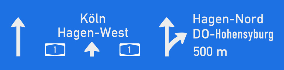 Hagen-West, Autobahntafel auf Autobahn A1 auf der Höhe Hagen-Nord, in Richtung Köln, Nachbildung, Zeichnung