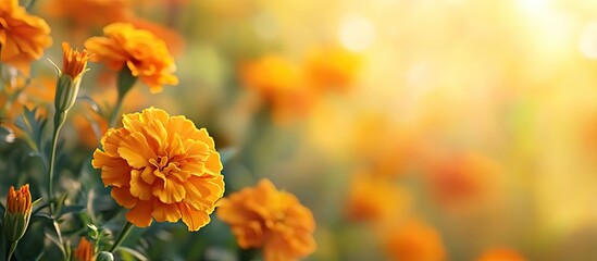 Marigold Close up of Tagetes garden flowers Ornamental blossoms with yellow and orange petals A vibrant spring gardening image copy space postcard