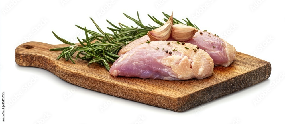 Poster raw chicken breast fillet on a wooden board accompanied by rosemary and garlic poultry meat isolated