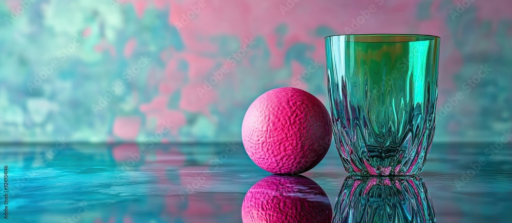 Aufkleber green and blue glassware alongside a vibrant pink ball on a textured background with reflection. wit