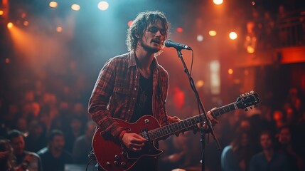 Obraz premium Guitarist performing live on stage with vibrant lights