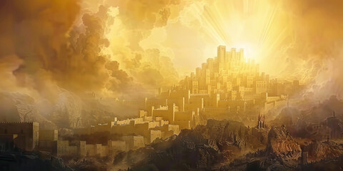 Obraz premium The New Jerusalem: The City of God Descending from Heaven - Picture a scene where the new Jerusalem descends from heaven, a city of pure gold, shining with the glory of God