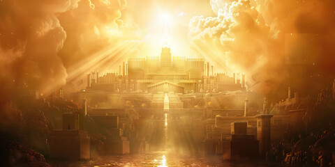 Fototapeta premium The New Jerusalem: The City of God Descending from Heaven - Picture a scene where the new Jerusalem descends from heaven, a city of pure gold, shining with the glory of God