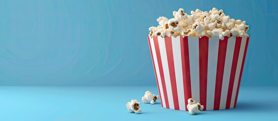 Red and white striped popcorn box surrounded by popcorn on a blue background TV viewing theme with copy space Movie night Entertainment idea