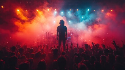 Silhouette of rock star on stage with colorful lighting