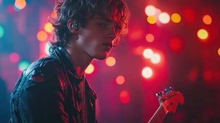 Rock guitarist performing live with vibrant lighting