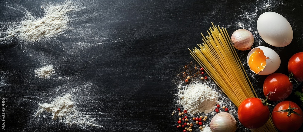 Poster ingredients on a black chalkboard eggs onions tomatoes spaghetti flour. with copy space image. Place for adding text or design