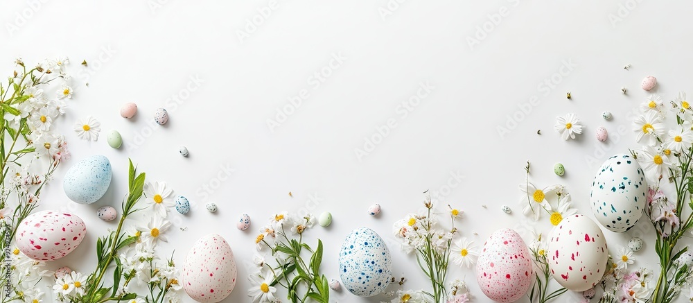 Poster easter arrangement spring flowers and easter eggs on a white background top view. with copy space im