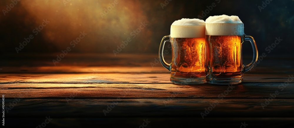 Poster Mugs filled with fresh delicious beer on the table. with copy space image. Place for adding text or design