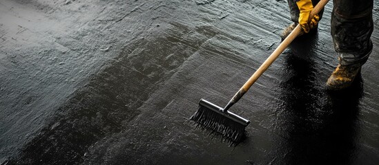 Roller brush Worker applied bitumen primer to enhance adhesion during the surfacing process rolled out waterproofing while installing insulation Copyspace Area for text