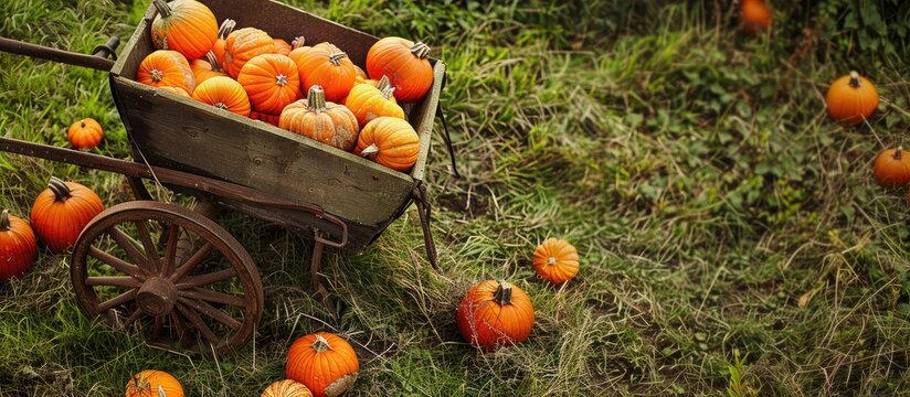 Orange pumpkin harvest wheelbarrow fall grass at an outdoor farmer s market Field garden patch Copy space for a vintage Thanksgiving background autumn theme Halloween squashes top view