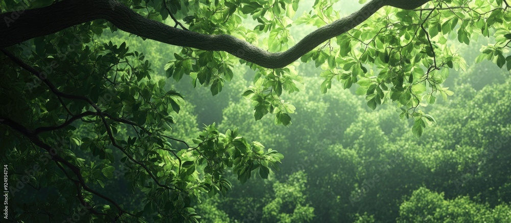 Fototapete green tree branches in a summer woodland botanical backdrop. with copy space image. place for adding