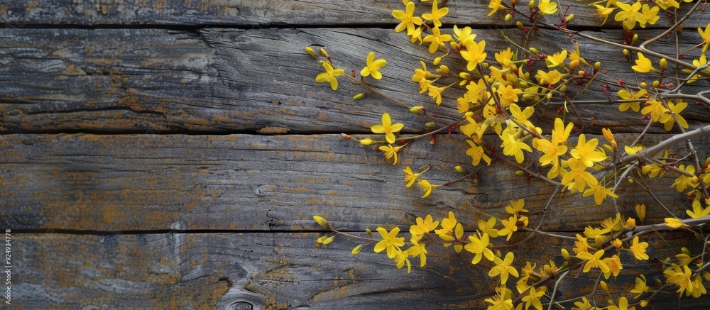 Poster Yellow forsythia against a rustic wooden background. with copy space image. Place for adding text or design