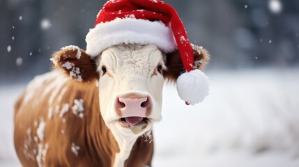 Portrait of a cow in Santa hat. Christmas background.