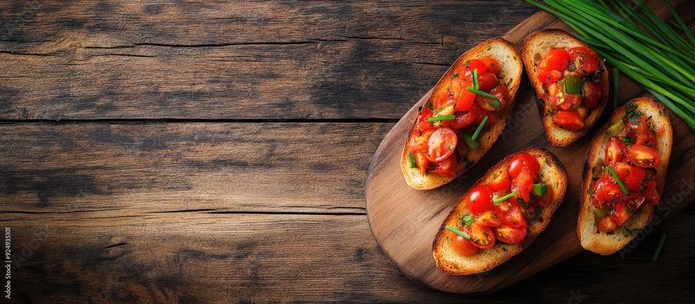 Fototapete bruschetta topped with cherry tomato and chive on a wooden table. with copy space image. place for a