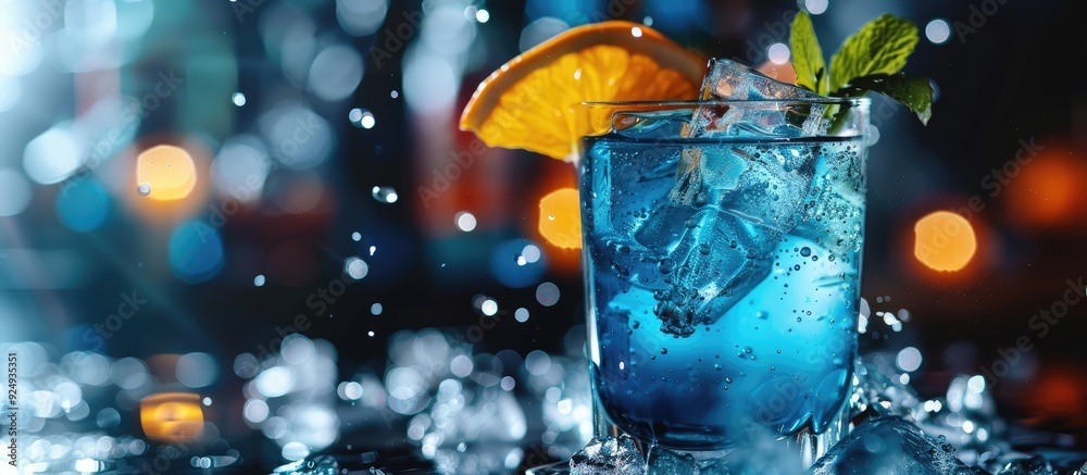 Poster Cocktail featuring blue curacao set against a white background. with copy space image. Place for adding text or design