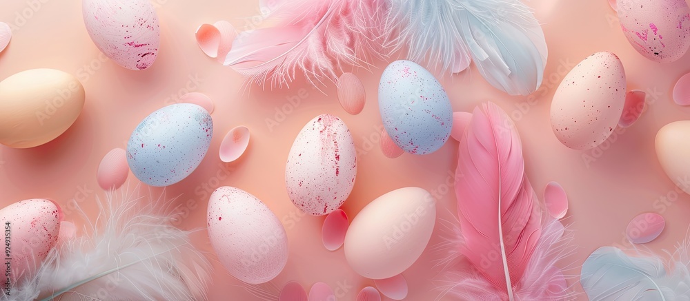 Poster Easter theme Light background featuring pastel colored eggs and feathers with space for text Top view flat lay. with copy space image. Place for adding text or design