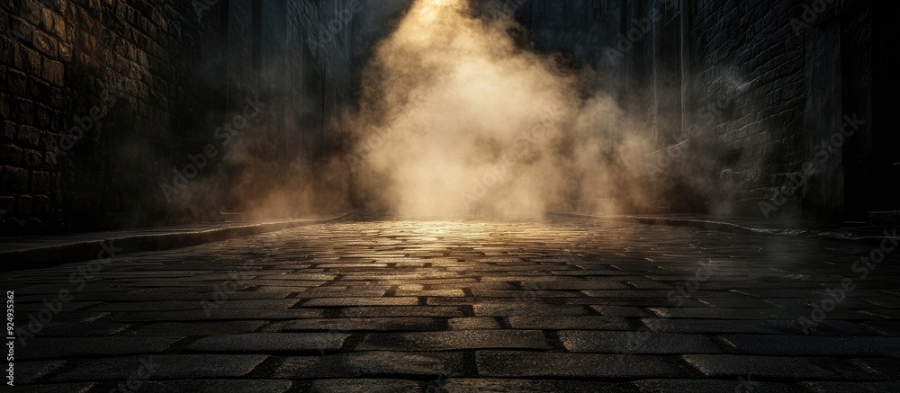 Poster dramatic background of a nighttime street spotlight on the pavement smoke. with copy space image. pl