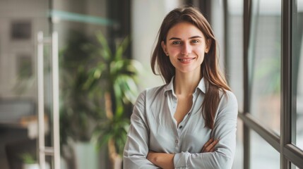 Fototapeta premium Confident businesswoman with crossed arms smiling in modern office, facing camera, embodying success in professional attire with sleek hairstyle.