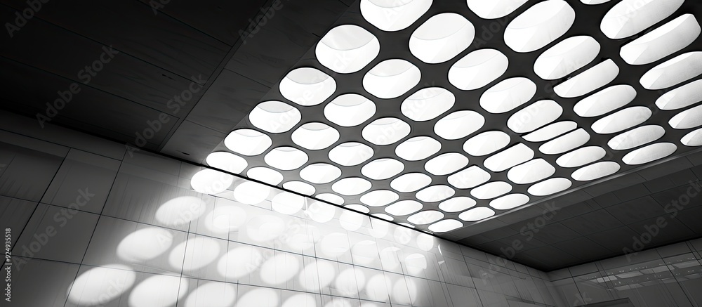 Aufkleber Light Emitting White Ceiling Skylight Reflected light and dark open spaces between the panels featuring geometric patterns. with copy space image. Place for adding text or design