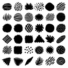 A collection of black and white brush strokes displayed on a white background
