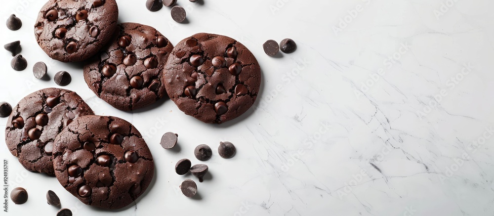 Poster cookies with dark chocolate chips set against a white background. with copy space image. place for a