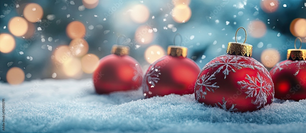 Aufkleber Christmas scene with snow a row of red ornaments and bokeh lights in the background. with copy space image. Place for adding text or design