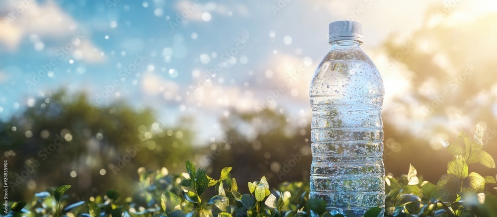 Poster plastic bottle filled with water against a blurry background of the sky and trees suitable for wallp