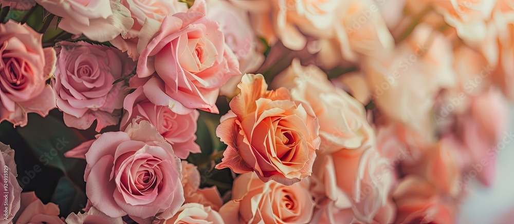 Poster Delicate roses create a frame with blooming flowers providing a festive backdrop soft pastel card selective focus and toned. with copy space image. Place for adding text or design