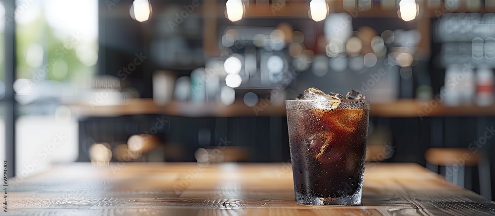 Poster Iced black coffee on a table in a cafe. with copy space image. Place for adding text or design