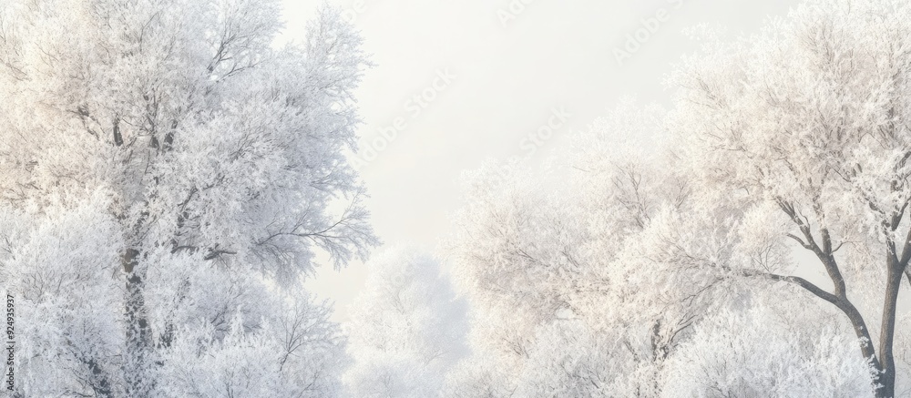 Fototapete Winter trees covered in white rime A naturally beautiful backdrop featuring frosted trees in winter. with copy space image. Place for adding text or design