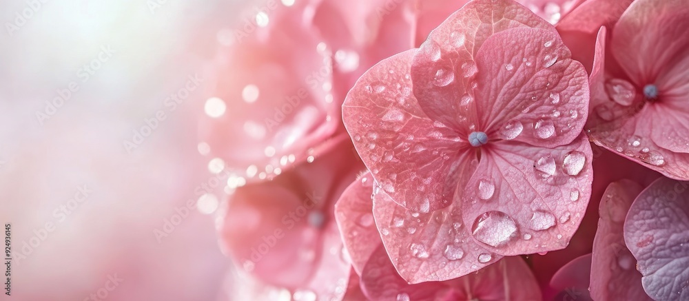 Leinwandbilder pink hydrangea with droplets of water. with copy space image. place for adding text or design