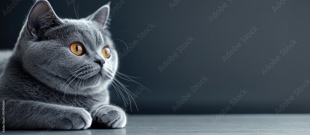 Aufkleber Close up portrait of a British Shorthair cat resting against a gray background. with copy space image. Place for adding text or design