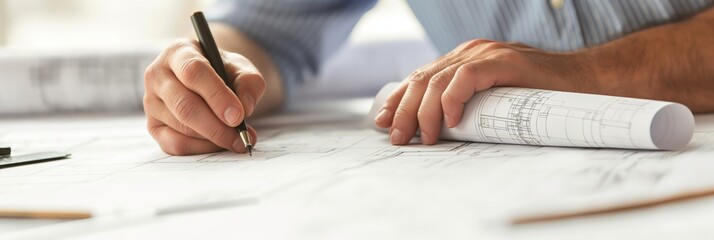 A closeup of a hand holding a pen over detailed architectural drawings, representing meticulous planning and design in architecture.