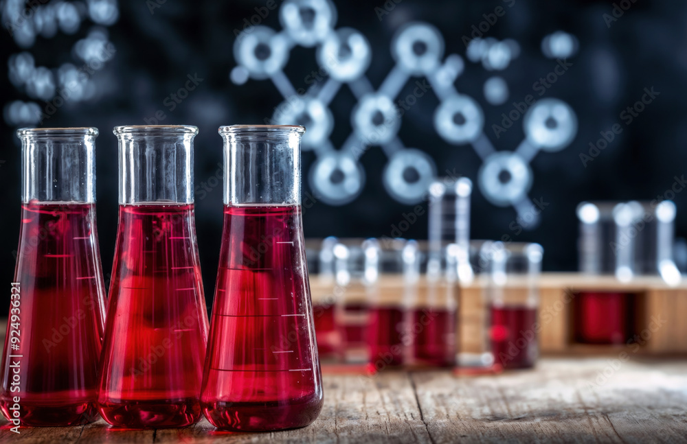 Poster Three flasks containing red chemical liquid on a table in a chemistry laboratory with a blackboard background with copy space