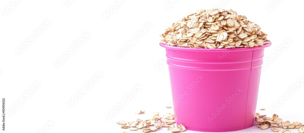 Poster Heap of oat flakes in a pink bucket on a white background Copy space