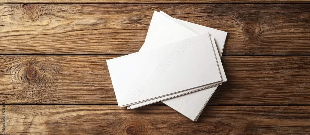 Poster Image of empty business cards on a wooden table background ID template Copyspace for text Top view