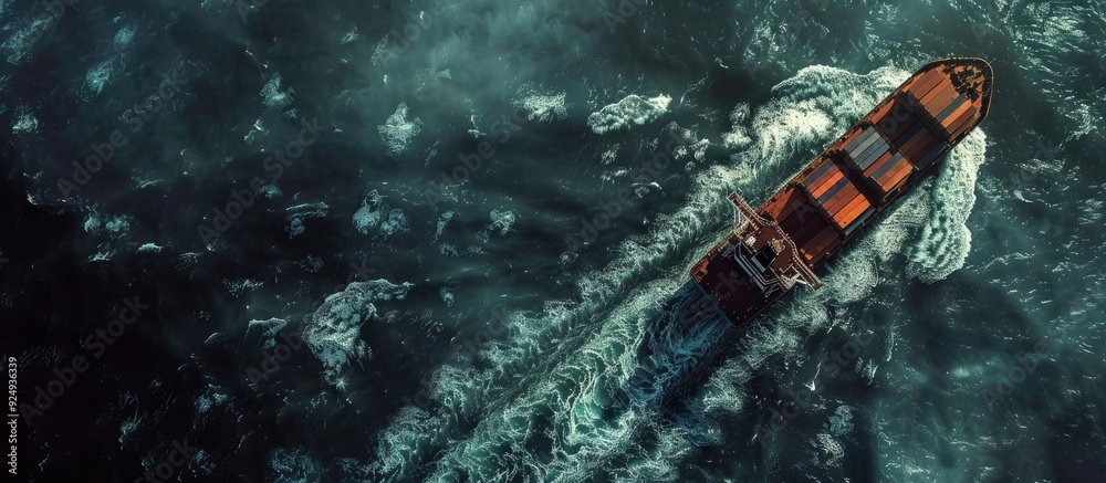 Aufkleber Aerial overview of a cargo ship transporting containers for import and export business logistics and transportation in the open sea with copy space