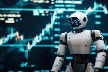 Cyborg robot amidst advanced digital financial graphs