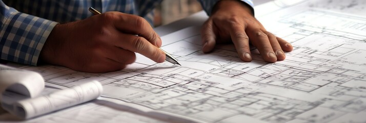 A person reviewing and annotating detailed architectural blueprints, signifying in-depth analysis and precision in construction planning.
