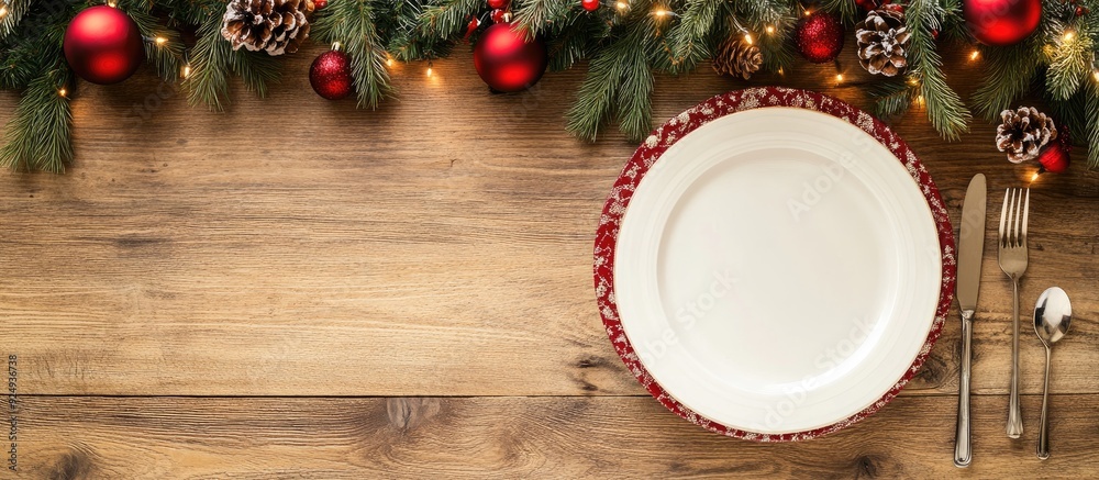 Poster top view of a christmas dinner set on a wooden surface plate utensils fir tree and holiday decoratio