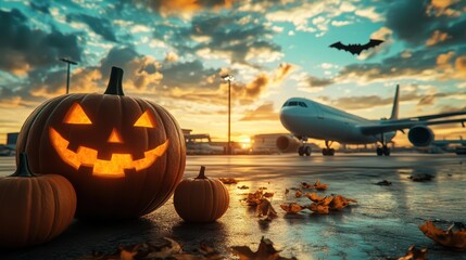 Halloween pumpkins close up on the runway and bats with Airport background.