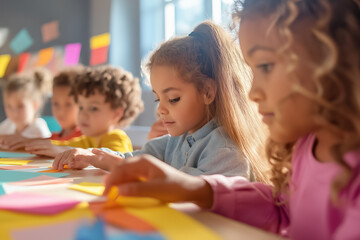 Children engaging in a creative activity with colorful paper in a bright classroom during the afternoon