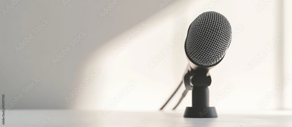 Poster black microphone sitting on a white table. with copy space image. Place for adding text or design