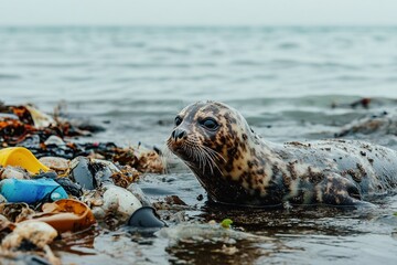 seal pup surrounded by plastic pollution on a polluted beach, highlighting the severe impact of microplastics on marine wildlife and ocean conservation efforts